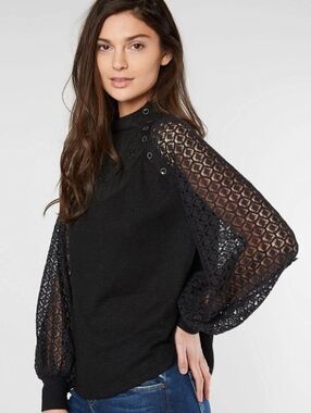 Free People Black Lace Long Sleeve Mock Neck Top